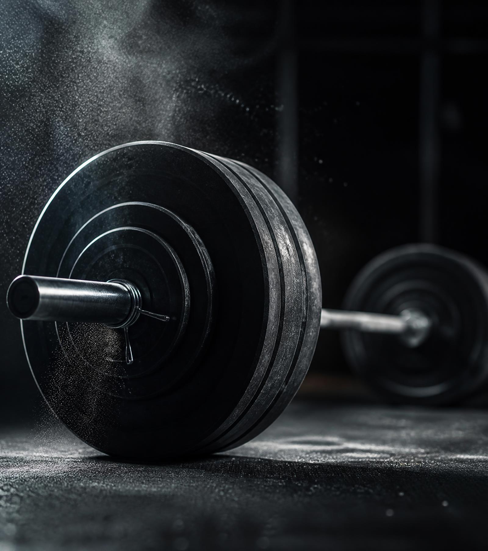 Loaded barbell resting on the floor of a gym, lit from one side
