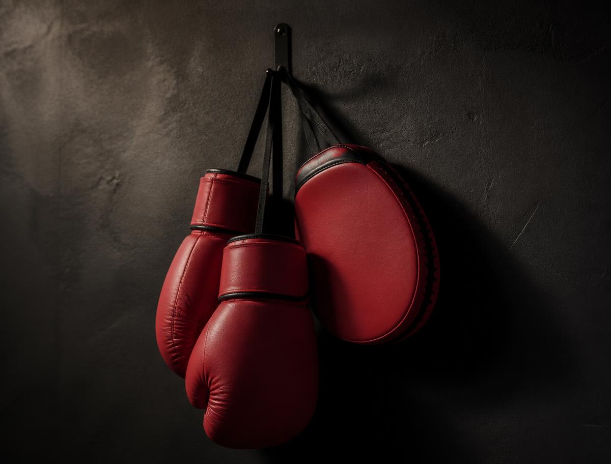 Red boxing gloves and a focus pad hanging against a dark wall