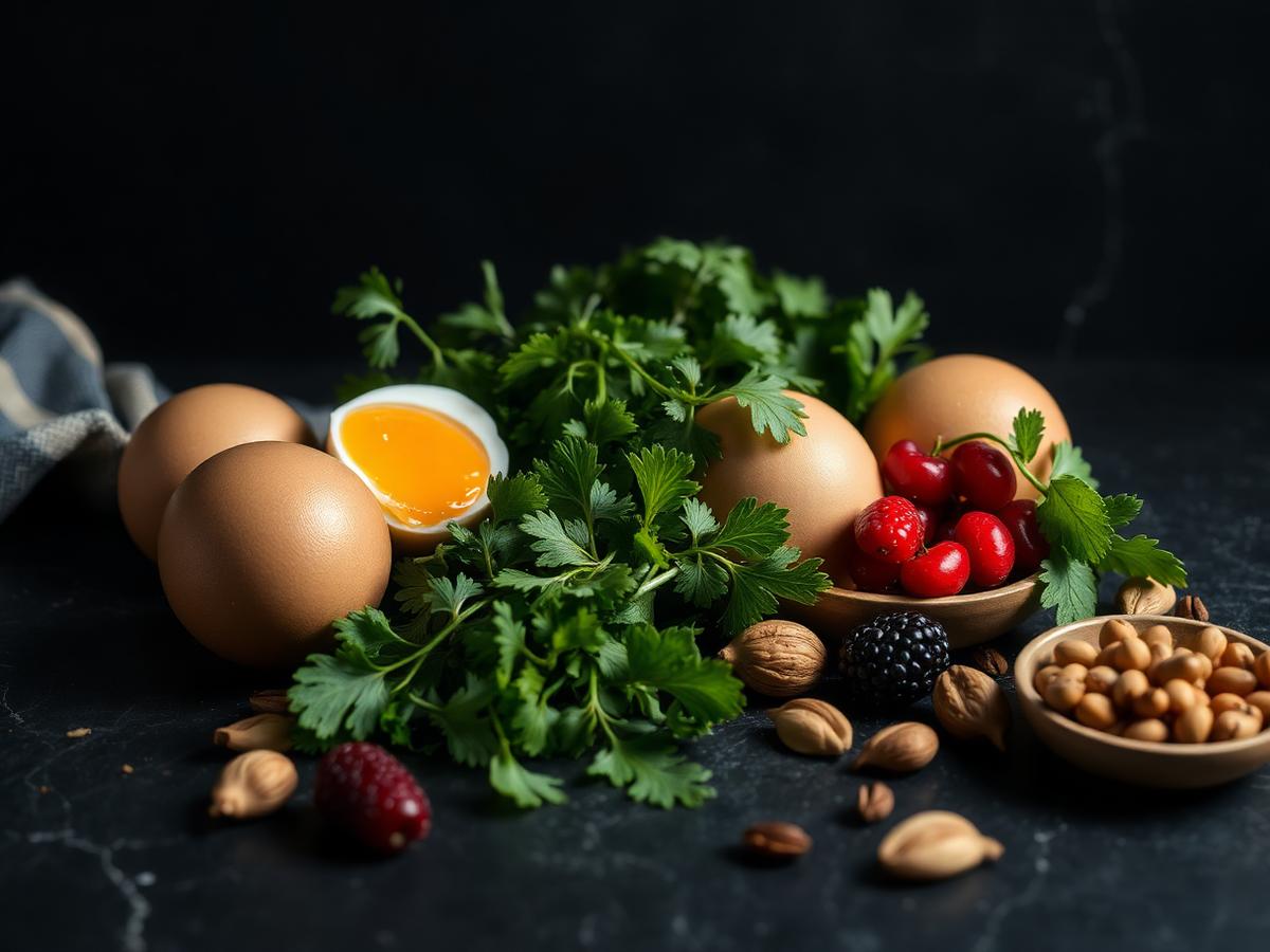 Fresh whole foods arranged on a dark stone surface
