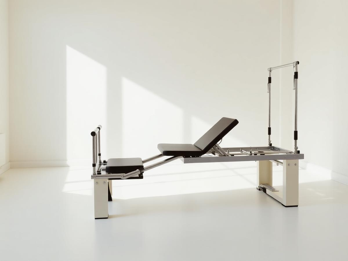 Pilates reformer machine in a bright, minimal private studio