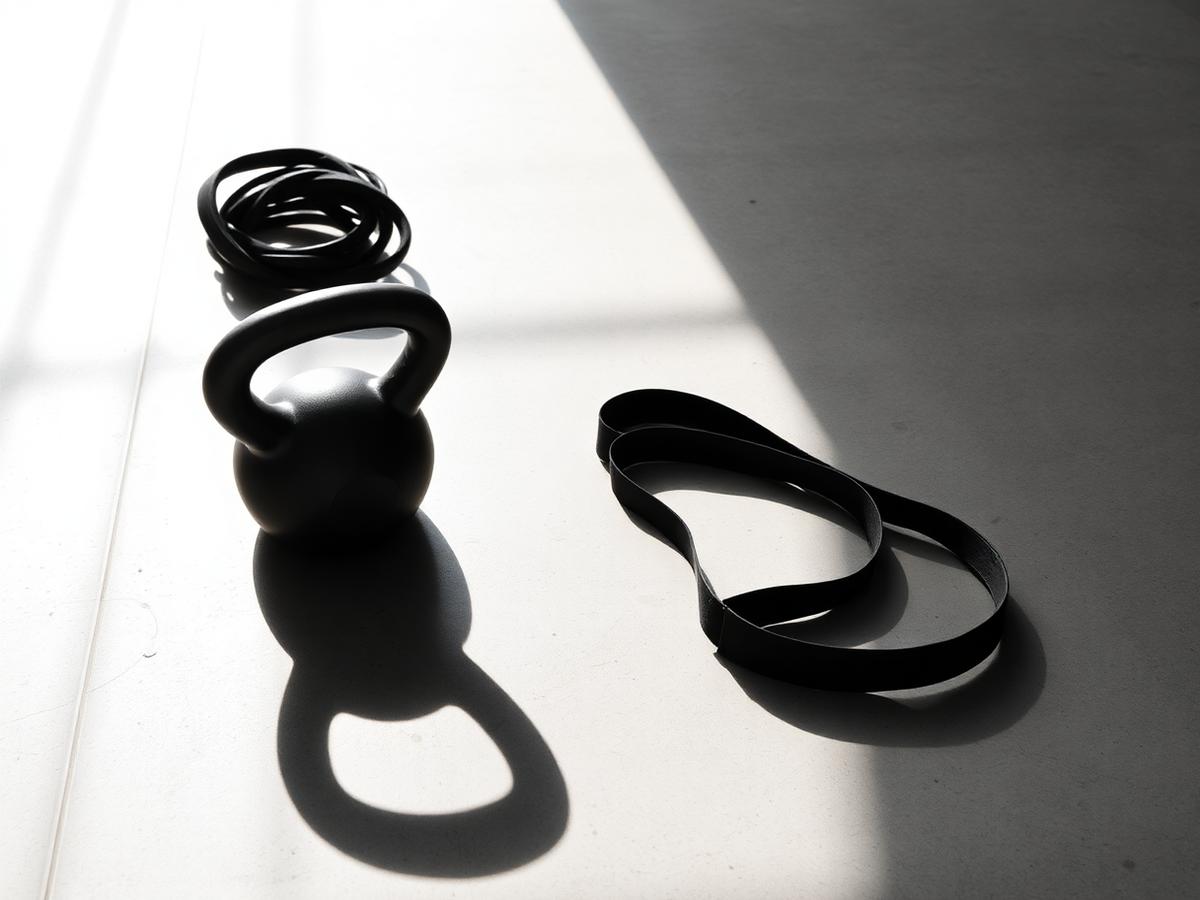 Kettlebell and resistance band on a sunlit gym floor